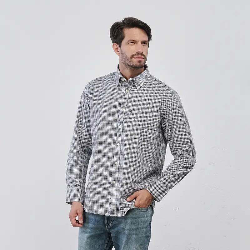 Camicia blu in cotone da uomo fantasia check