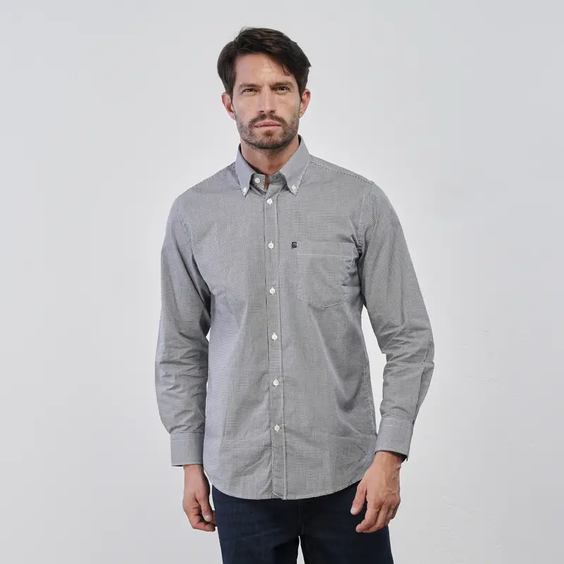 Camicia blu in cotone da uomo micro fantasia a quadretti