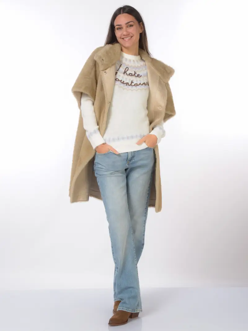 ecopelliccia da donna Bully a maniche corte con collo a cratere BEIGE