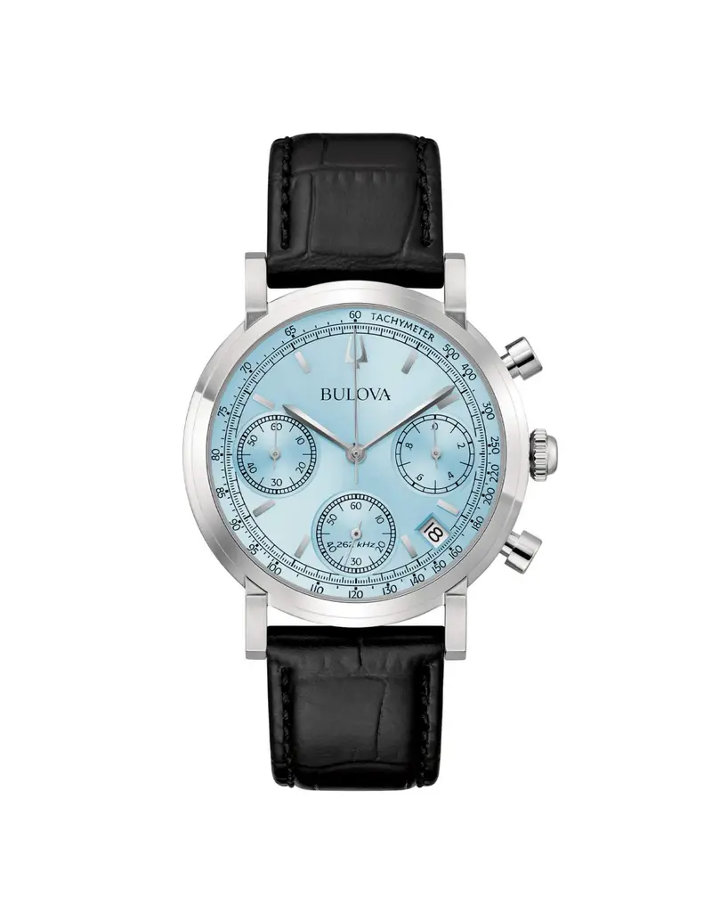 Orologio BULOVA Crono High Precision -262kHz- 96B456 cinturino in pelle nero quadrante Ice Blue