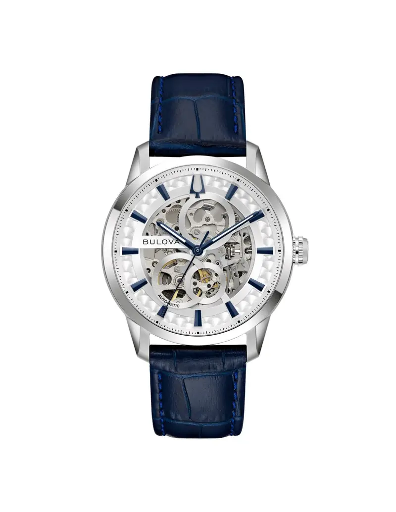 Orologio BULOVA Sutton Skeleton 40mm 96A330 cinturino in pelle blu quadrante argento