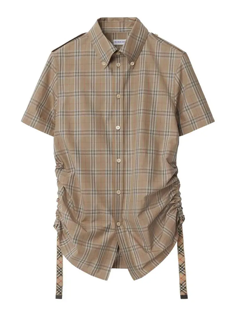 Camicia di cotone a scacchi Beige