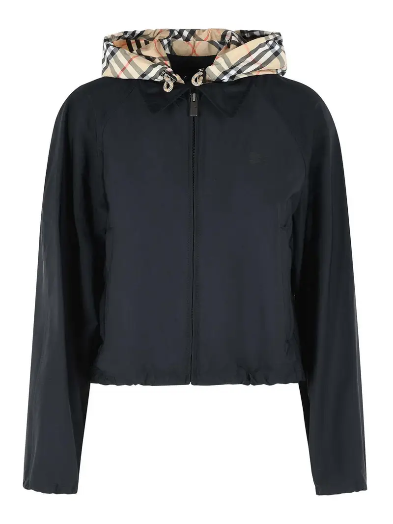 Giacca corta con cappuccio in poliammide nera Nero