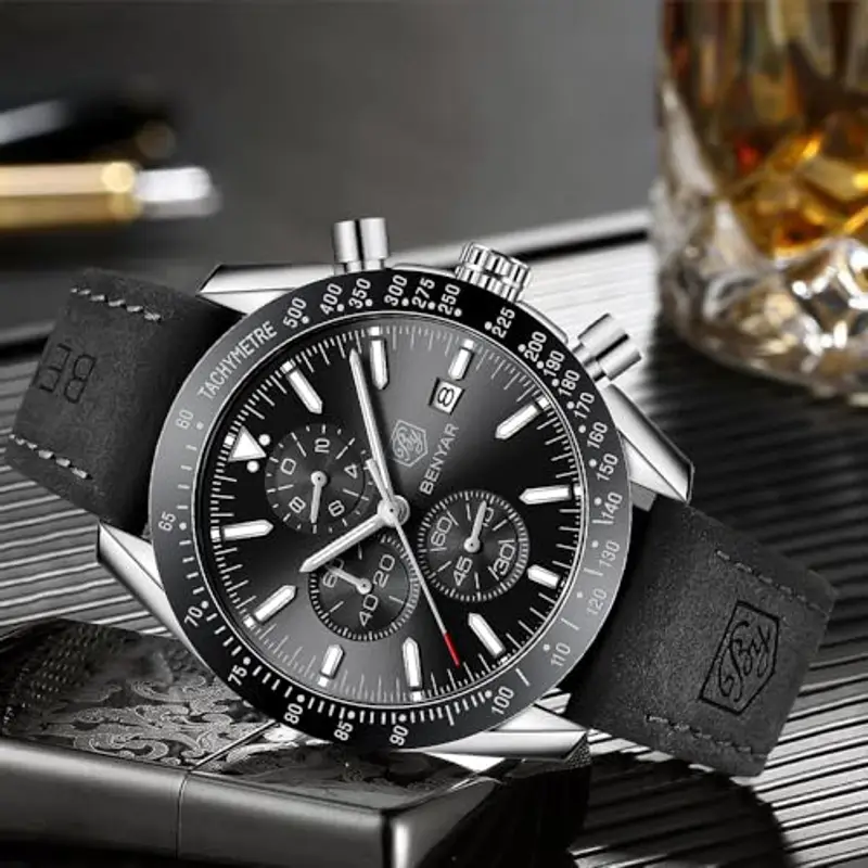 BY BENYAR Orologio Uomo Cronografo Analogico al Quarzo Impermeabile Luminoso Orologi Cinturino Pelle Moda Classico miniatura 3