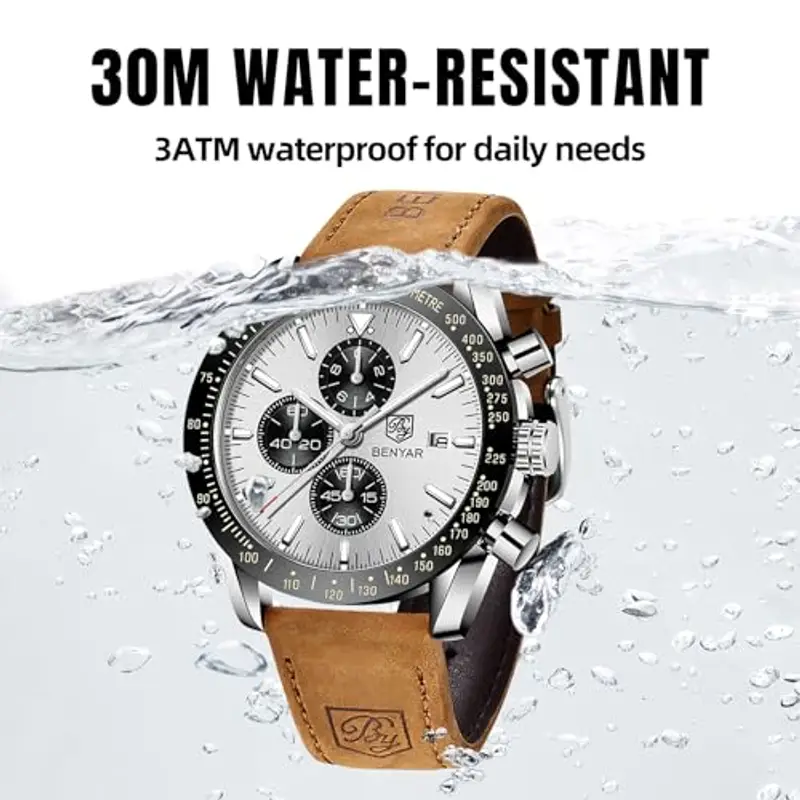 BY BENYAR Orologio Uomo Cronografo Analogico al Quarzo Impermeabile Luminoso Orologi Moda Sportivo Classico Elegante Orologio da Polso Cinturino Pelle Regalo per Uomo miniatura 3