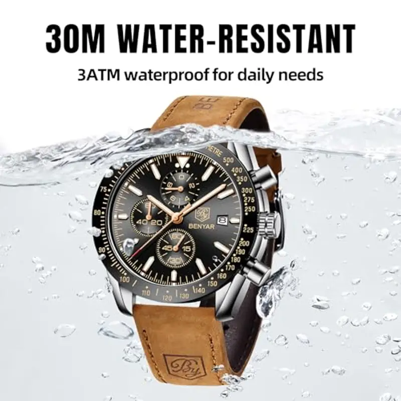 BY BENYAR Orologio Uomo Cronografo Analogico al Quarzo Impermeabile Luminoso Orologi Moda Sportivo Classico Elegante Orologio da Polso Cinturino Pelle Regalo per Uomo miniatura 3