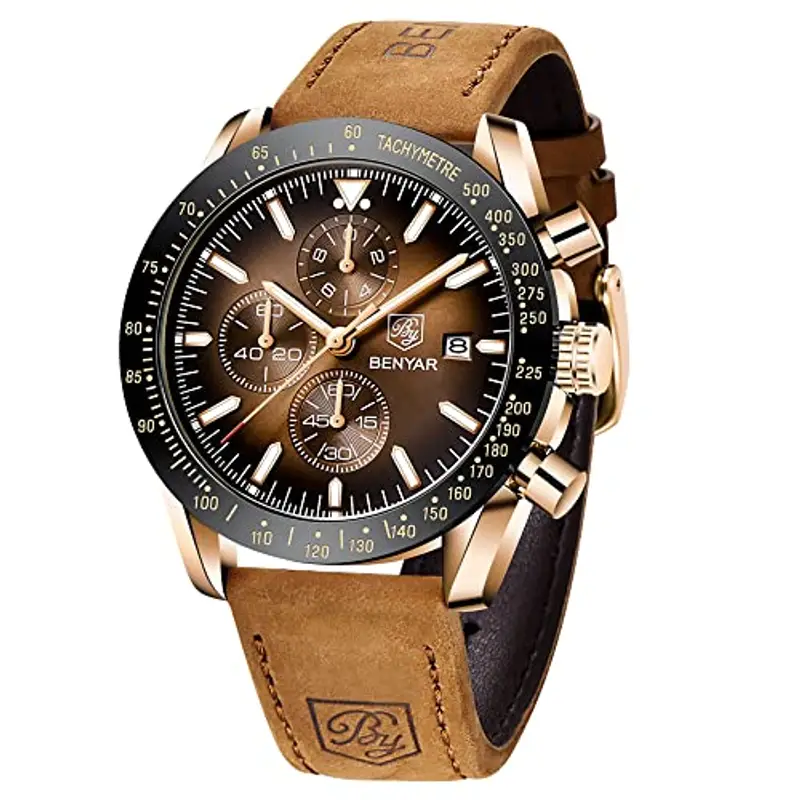BY BENYAR Orologio Uomo Cronografo Analogico al Quarzo Impermeabile Luminoso Orologi Moda Sportivo Classico Elegante Orologio da Polso Cinturino Pelle Regalo per Uomo