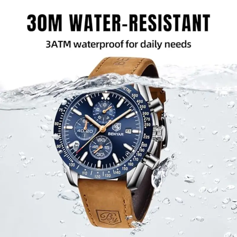 BY BENYAR Orologio Uomo Cronografo Analogico al Quarzo Impermeabile Luminoso Orologi Moda Sportivo Classico Elegante Orologio da Polso Cinturino Pelle Regalo per Uomo miniatura 3