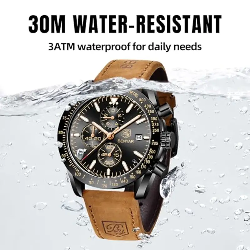 BY BENYAR Orologio Uomo Cronografo Analogico al Quarzo Impermeabile Luminoso Orologi Moda Sportivo Classico Elegante Orologio da Polso Cinturino Pelle Regalo per Uomo miniatura 3