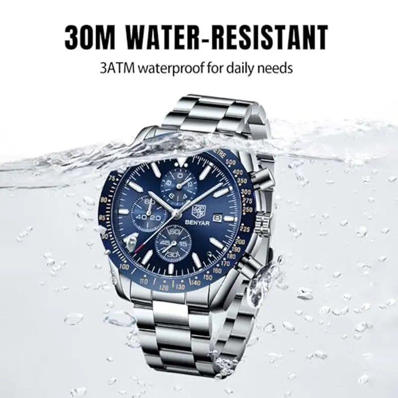 BY BENYAR Orologio Uomo Cronografo Analogico al Quarzo Impermeabile Orologi Elegante Moda Sportivo Classico Acciaio Orologio da Polso Regalo per Uomo miniatura 3