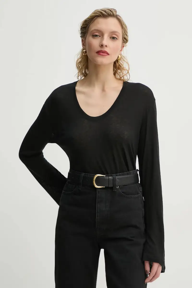 longsleeve in misto lino AMALOU colore nero Q71621008Z