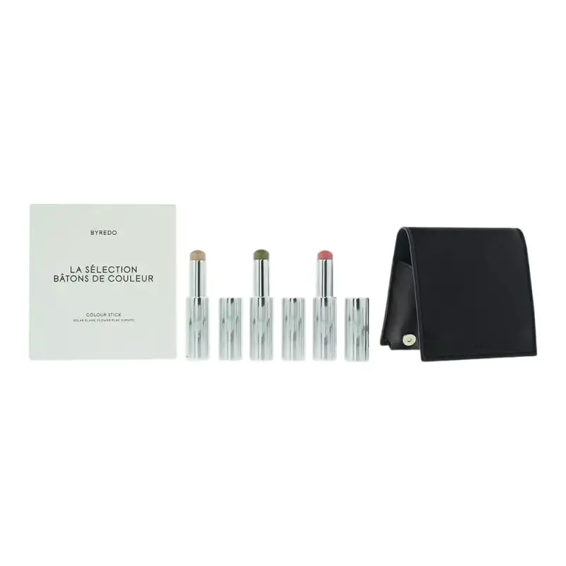 Set Blu Scuro Byredo Ombretto 509 Solar Flare 3,5 g + Ombretto Kumato Face 3,5 g + Ombretto Stick Flower Play 3,5 g + Astuccio in Pelle