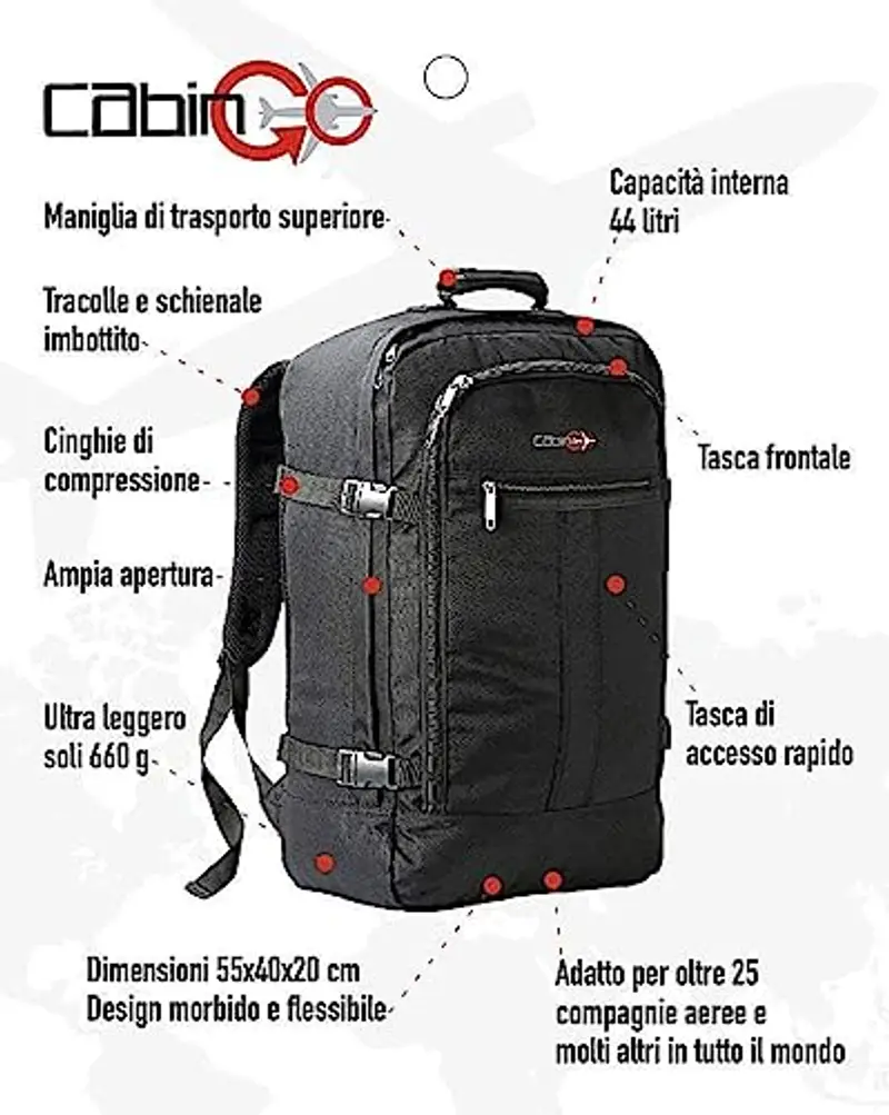 CABIN GO 5540 Zaino bagaglio a mano/cabina da viaggio leggero, Valigia Borsa da cabina 55x40x20 cm 44 litri miniatura 2