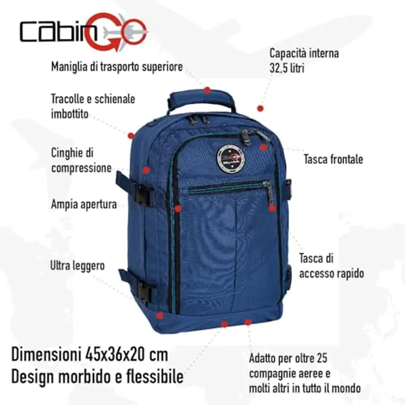 CABIN GO 5540S Zaino bagaglio a mano/cabina da viaggio leggero, Valigia Borsa da cabina 45x36x20 cm 32 litri miniatura 2