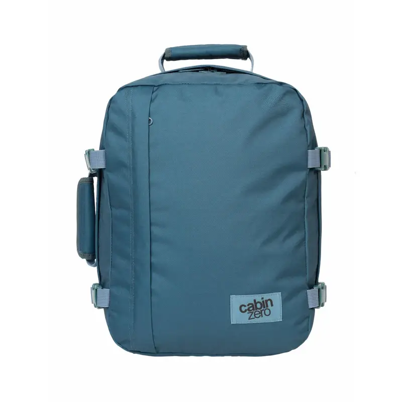 Zaino azzurro da viaggio 28L con zip e cinghie di compressione