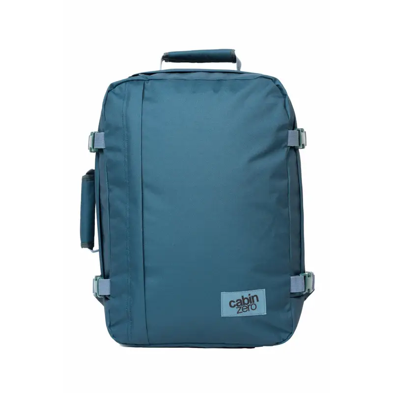 Zaino azzurro da viaggio 36L con zip e cinghie di compressione