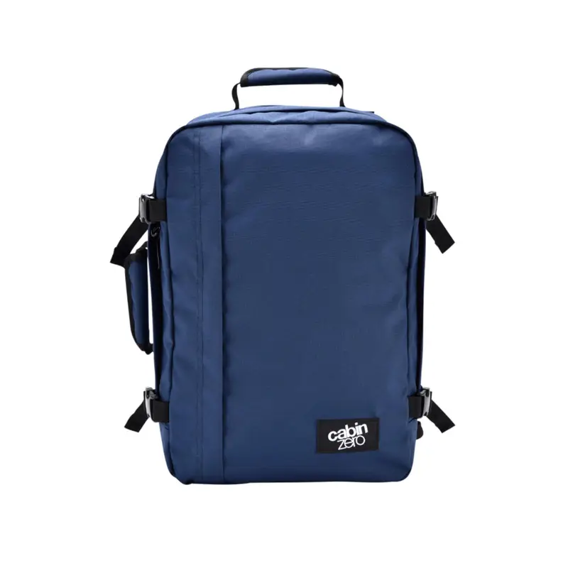 Zaino blu da viaggio 36L con zip e cinghie di compressione