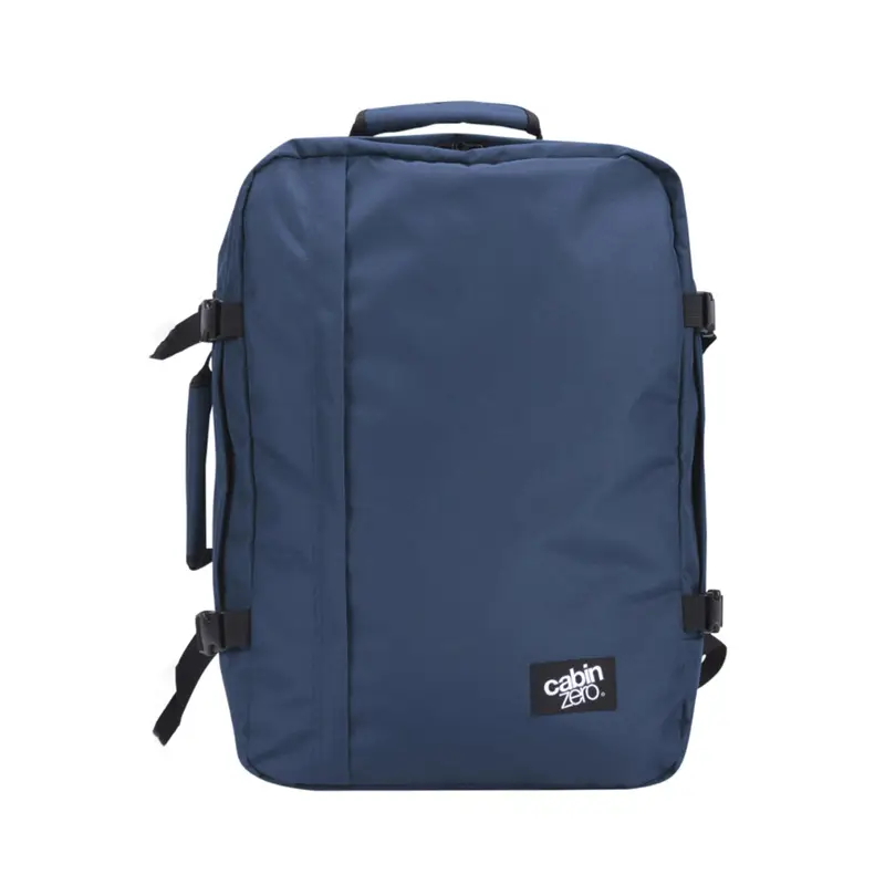 Zaino blu da viaggio 44L con zip e cinghie di compressione