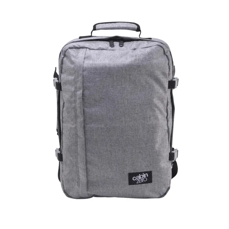 Zaino grigio da viaggio 44L con zip e cinghie di compressione