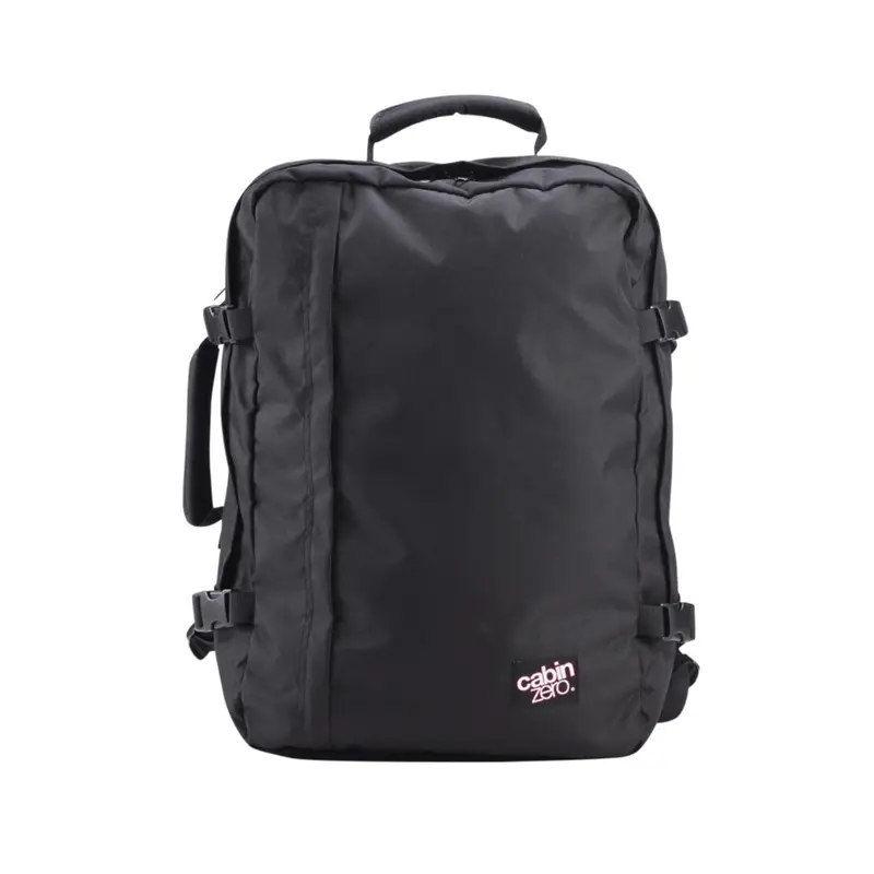 Zaino nero da viaggio 44L con zip e cinghie di compressione