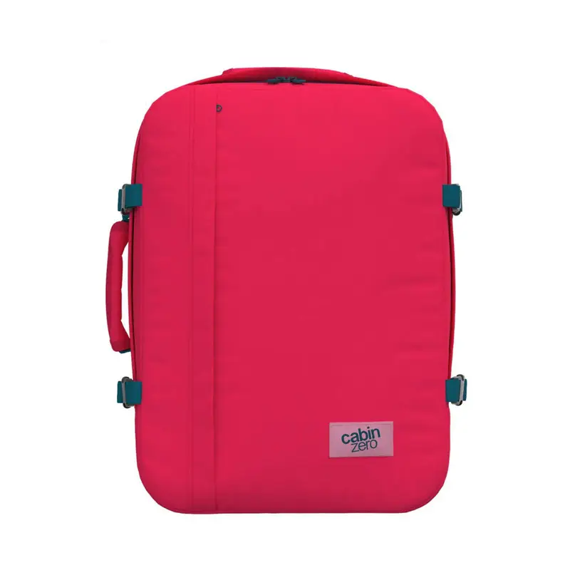Zaino rosso da viaggio 44L con zip e cinghie di compressione