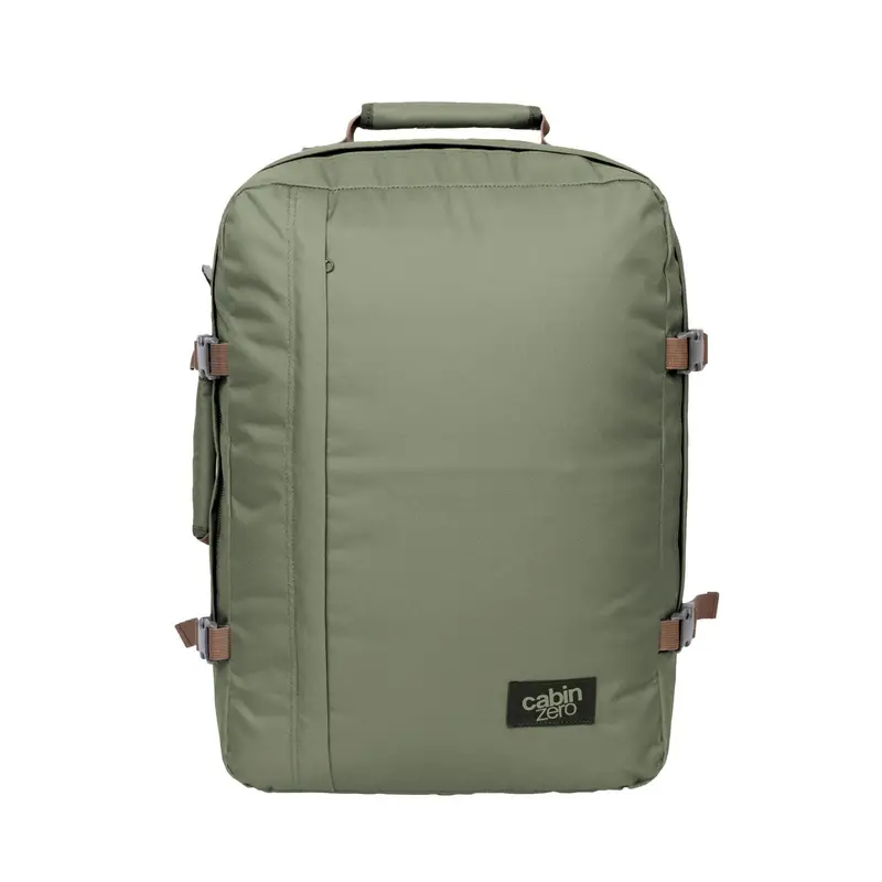 Zaino verde da viaggio 44L con zip e cinghie di compressione