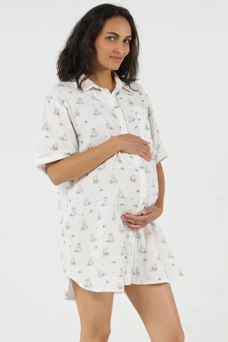 ELINOR | Camicia da Notte Premaman e Allattamento con Fantasia Orsetti