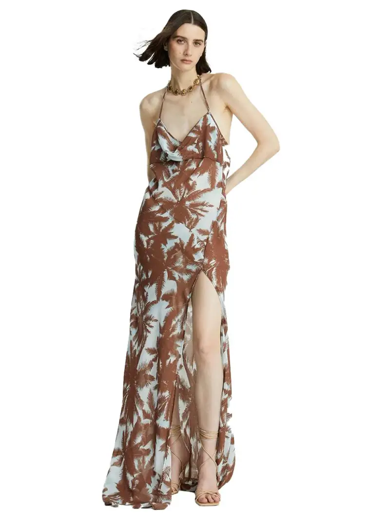 Abito con fantasia palme all-over marrone e celeste