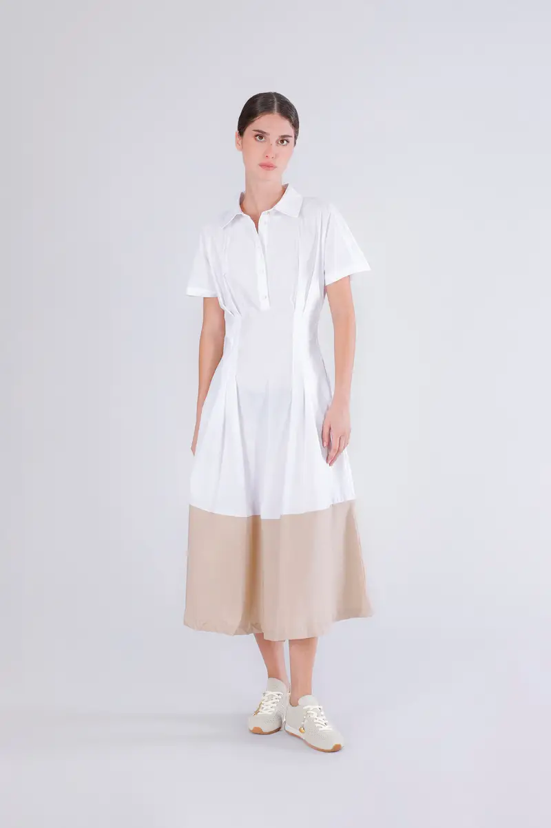 abito bicolor con manica ad aletta bianco/sabbia