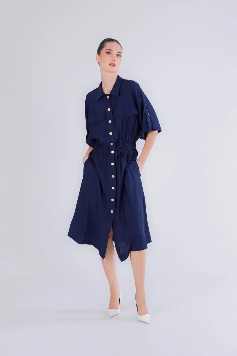 abito con elastico in vita e abbottonatura davanti navy