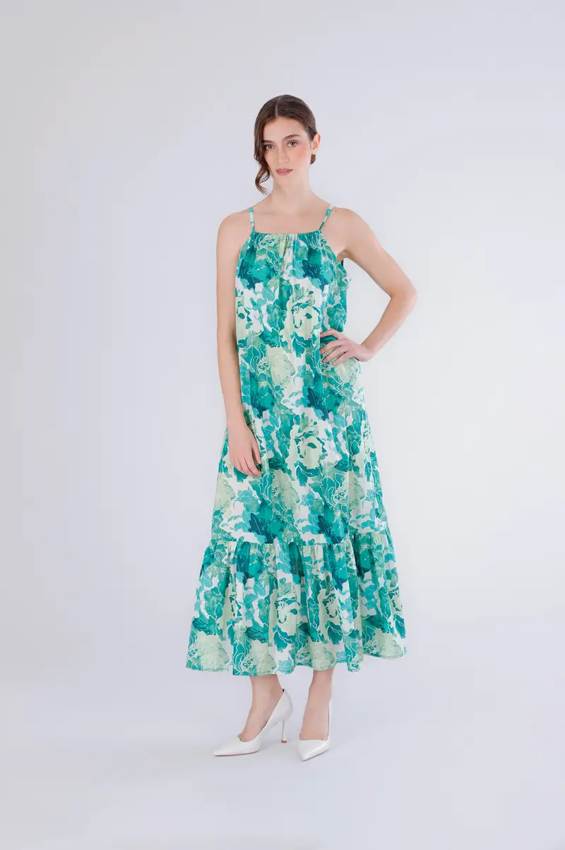 abito lungo con bretelle sottili in mussola stampata fiore verde