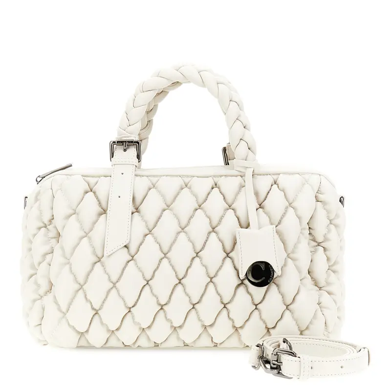 bauletto effetto nappa con manici intrecciati e charm logato gesso