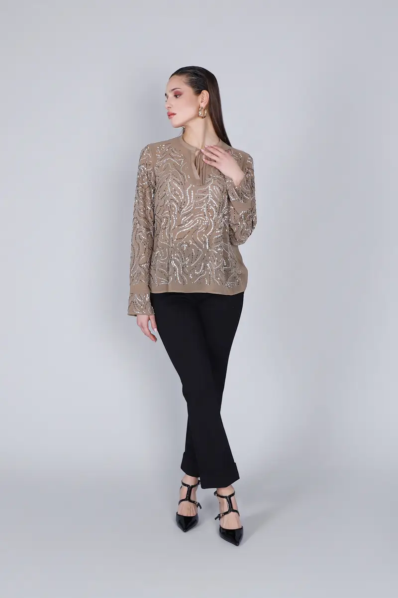 blusa con ricamo strass multibeige