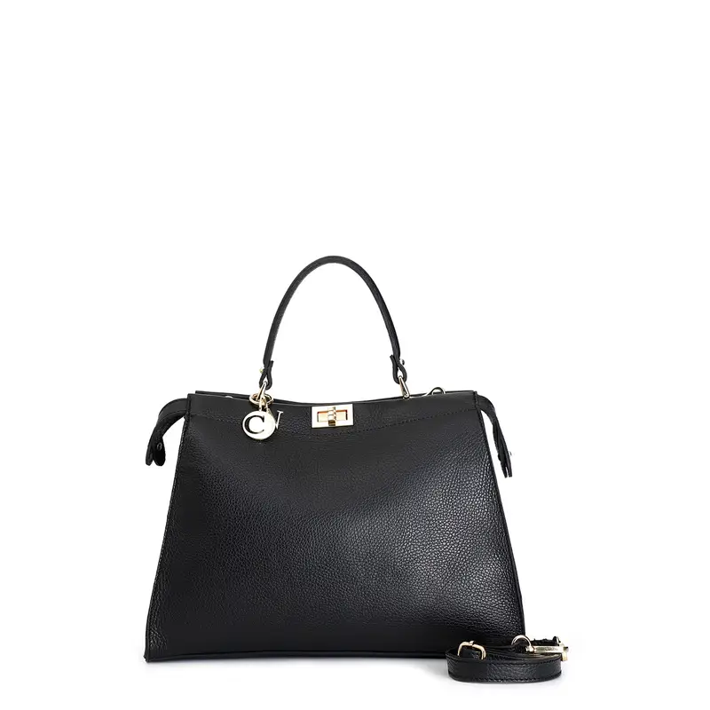 borsa a mano con pattina con applicazione di morsetto verniciato,tracolla remo nero