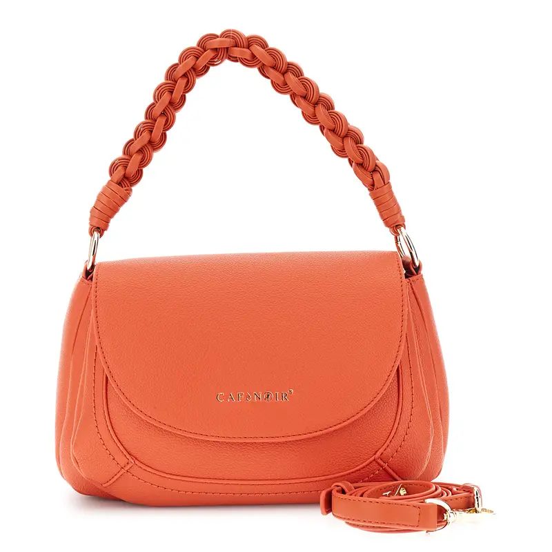 borsa a mano con pattina effetto pelle con grana e manico intrecciato corallo