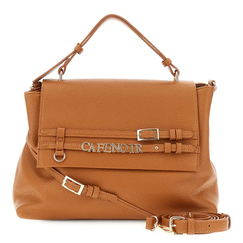 borsa a mano effetto pelle con grana, lettering e fibbiette cuoio