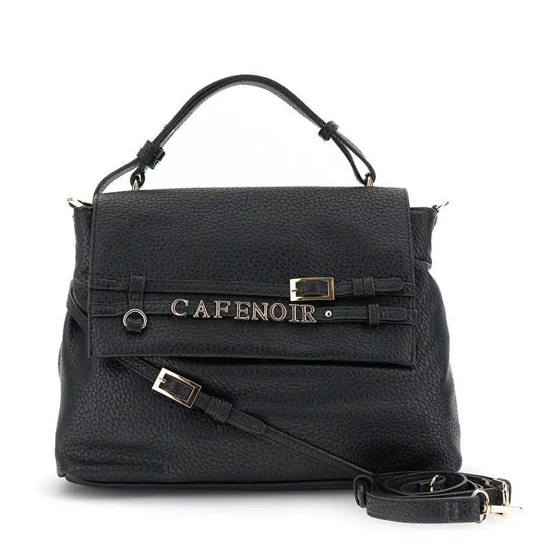 borsa a mano effetto pelle con grana, lettering e fibbiette nero