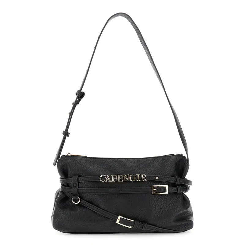 borsa a mano effetto pelle con grana, lettering e fibbiette nero