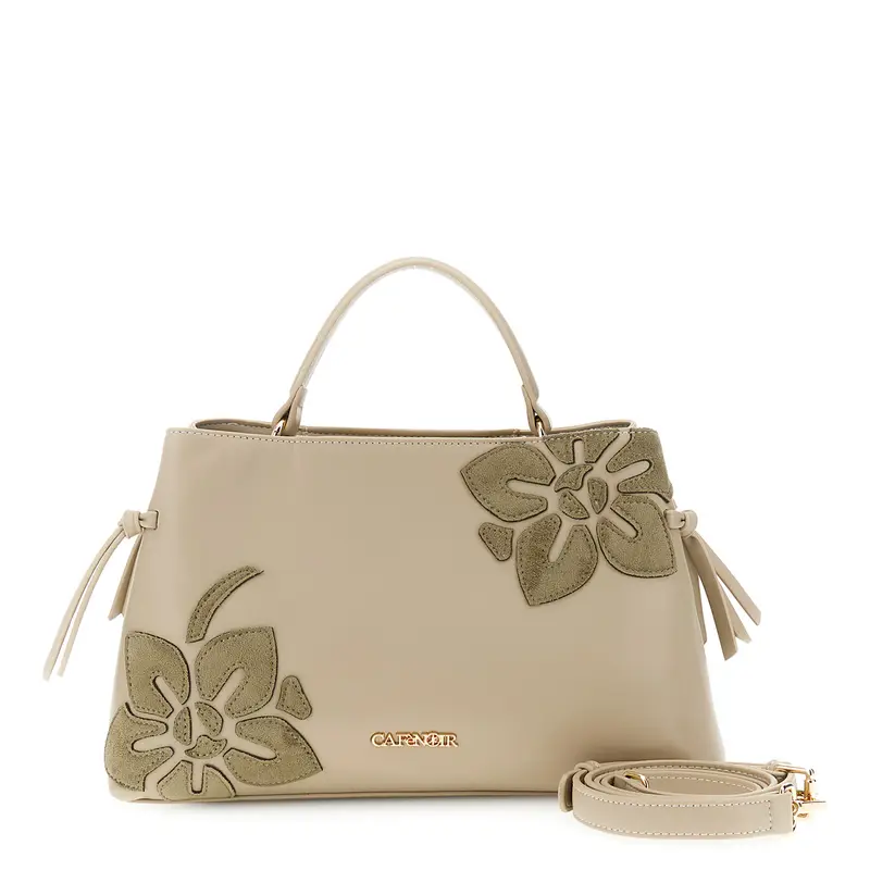 borsa a mano in materiale effetto pelle con applicazioni floreali kaki