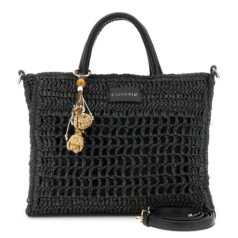 borsa a mano in rafia con lavorazione crochet con charms nero