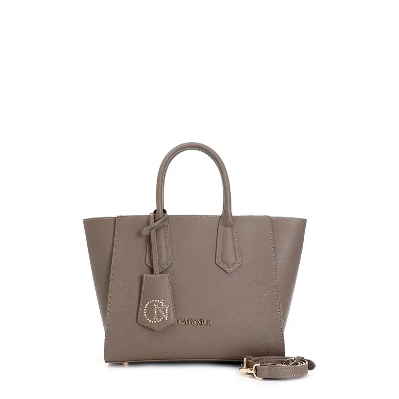 borsa a mano in saffiano e maxi charm grigio