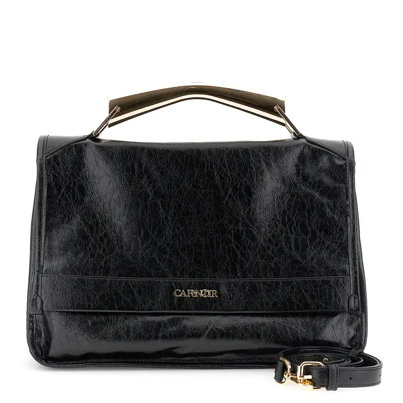 borsa a mano lucida con pattina e manico metallico nero