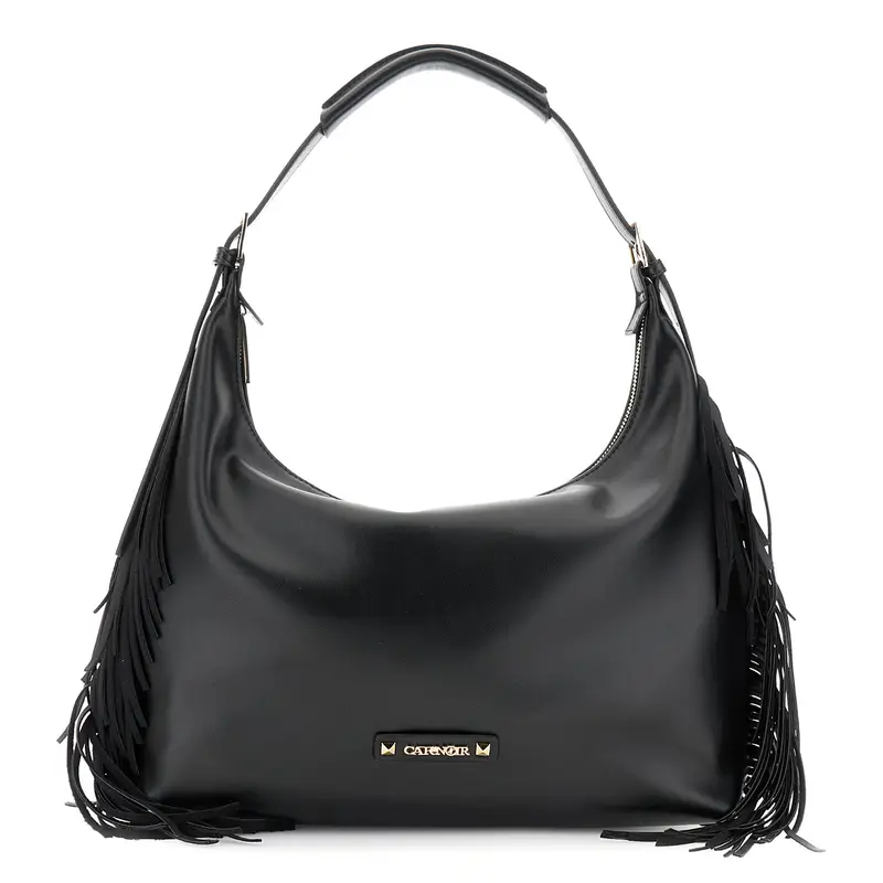 borsa a spalla con frange e logo sul davanti nero