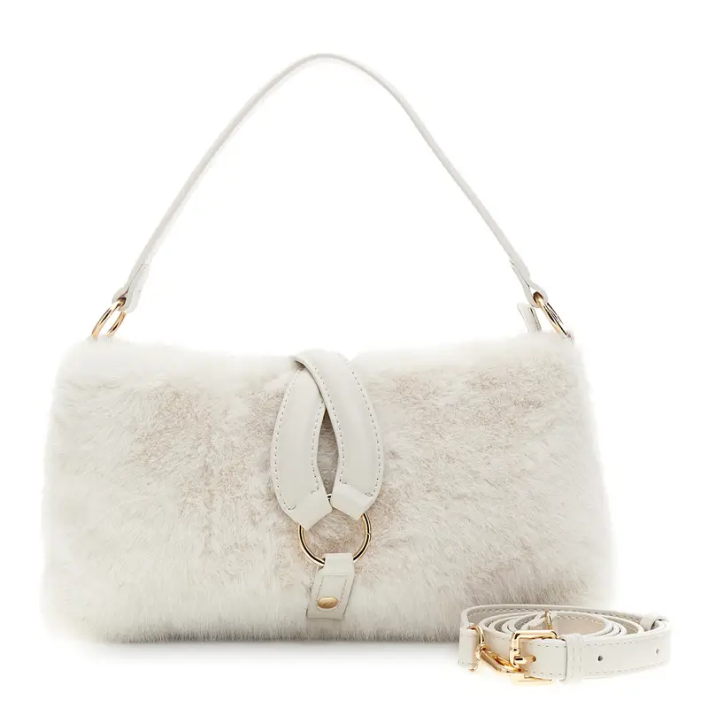 borsa a spalla in pelliccia sintetica con anello bianco