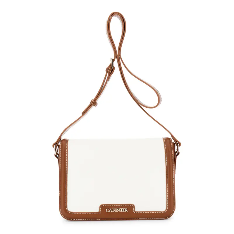 borsa a tracolla con pattinaeffetto canvas con rifiniture effetto pelle a contrasto cuoio/naturale