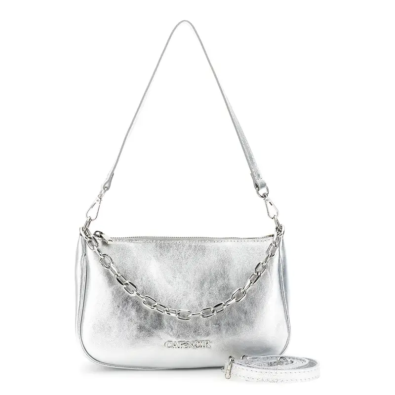borsa a tracolla in pelle laminata con manico in catena dorata argento