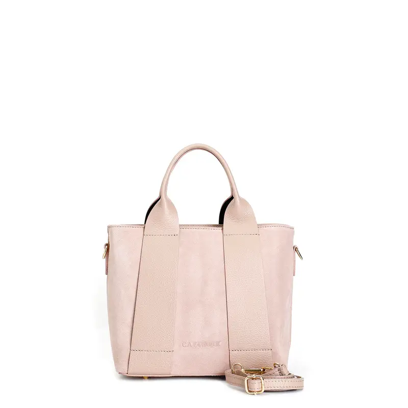 borsa con manici tubolari in camoscio con rifiniture in pelle martellata nude