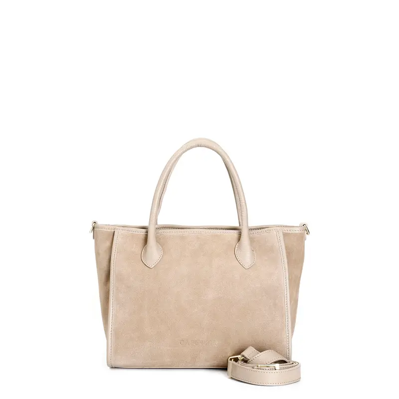 borsa con manici tubolari in crosta con rifiniture in pelle martellata tortora