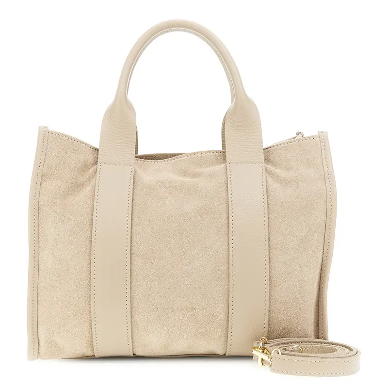 borsa in camoscio con manici in pelle martellata tortora