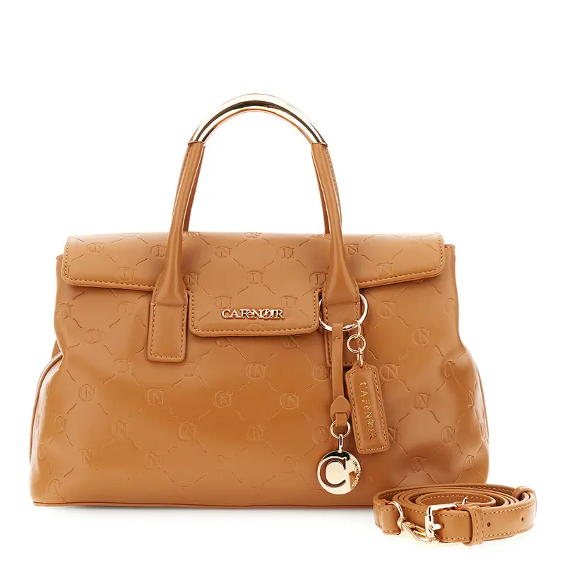 borsa in similepelle con pattina e manici tubolari cuoio